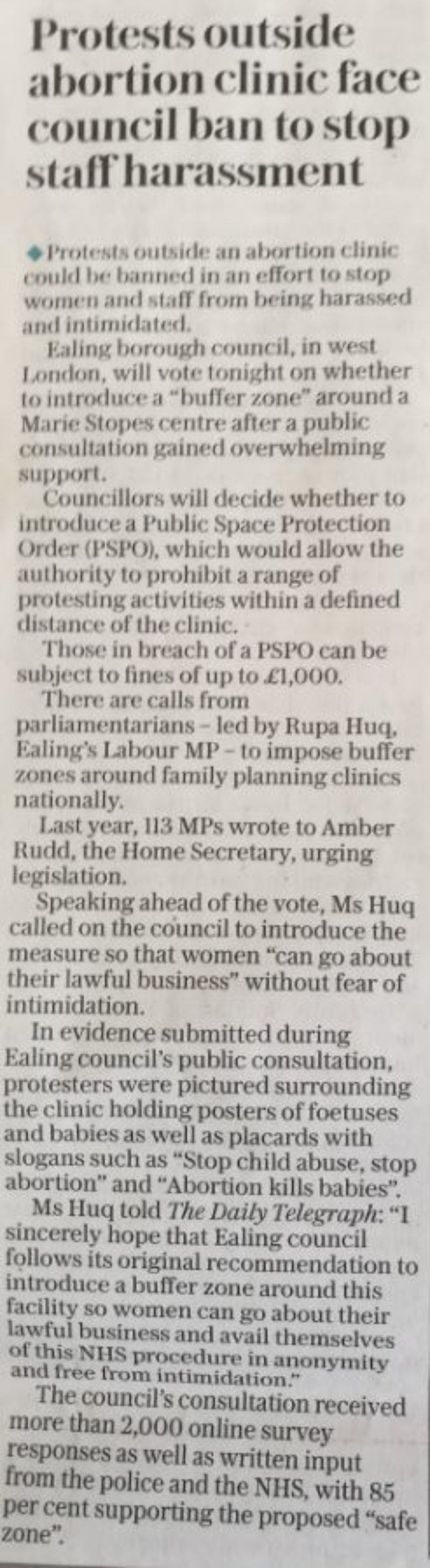 Protests outside abortion clinic face council ban to stop harassment - The Telegraph - 10th April 2018.