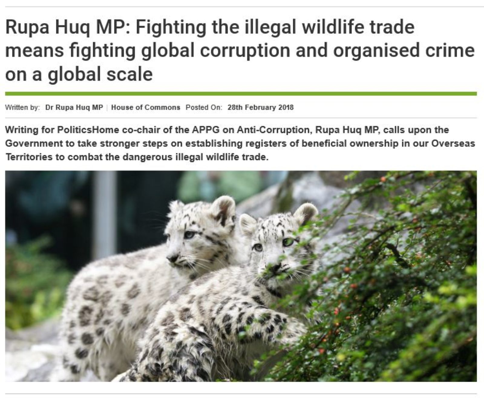 Politics Home: Fighting the illegal wildlife trade means fighting global corruption and organised crime on a global scale
