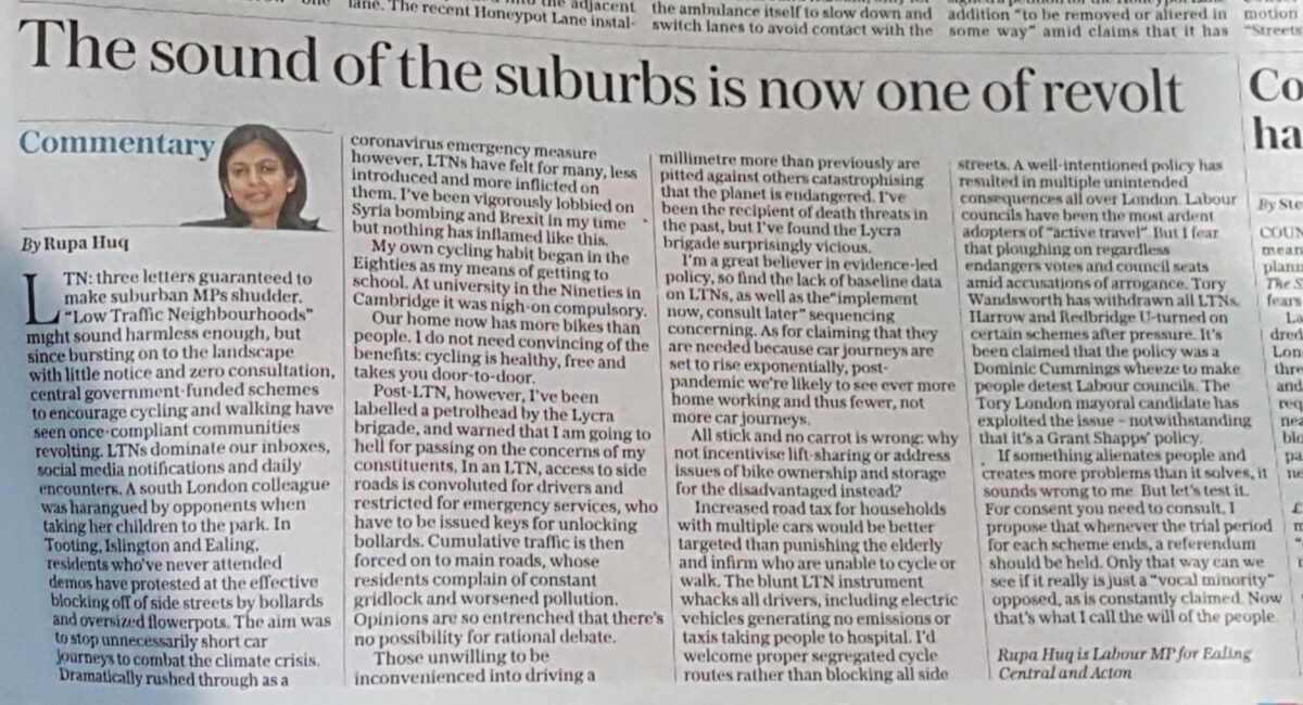 Sunday Telegraph comment piece on LTNs